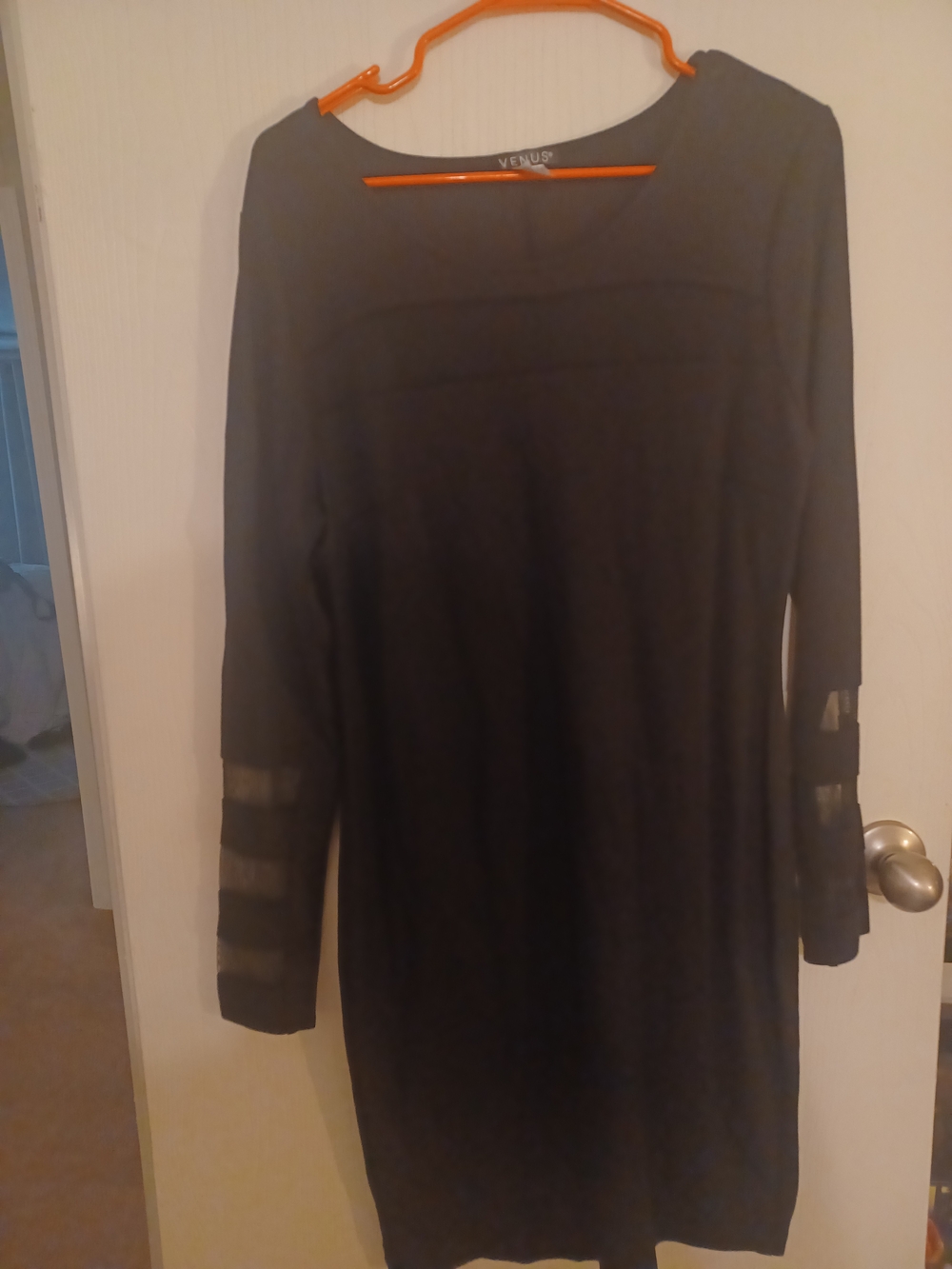 Venus Black Long Sleeve Sheer-Stripe Dress